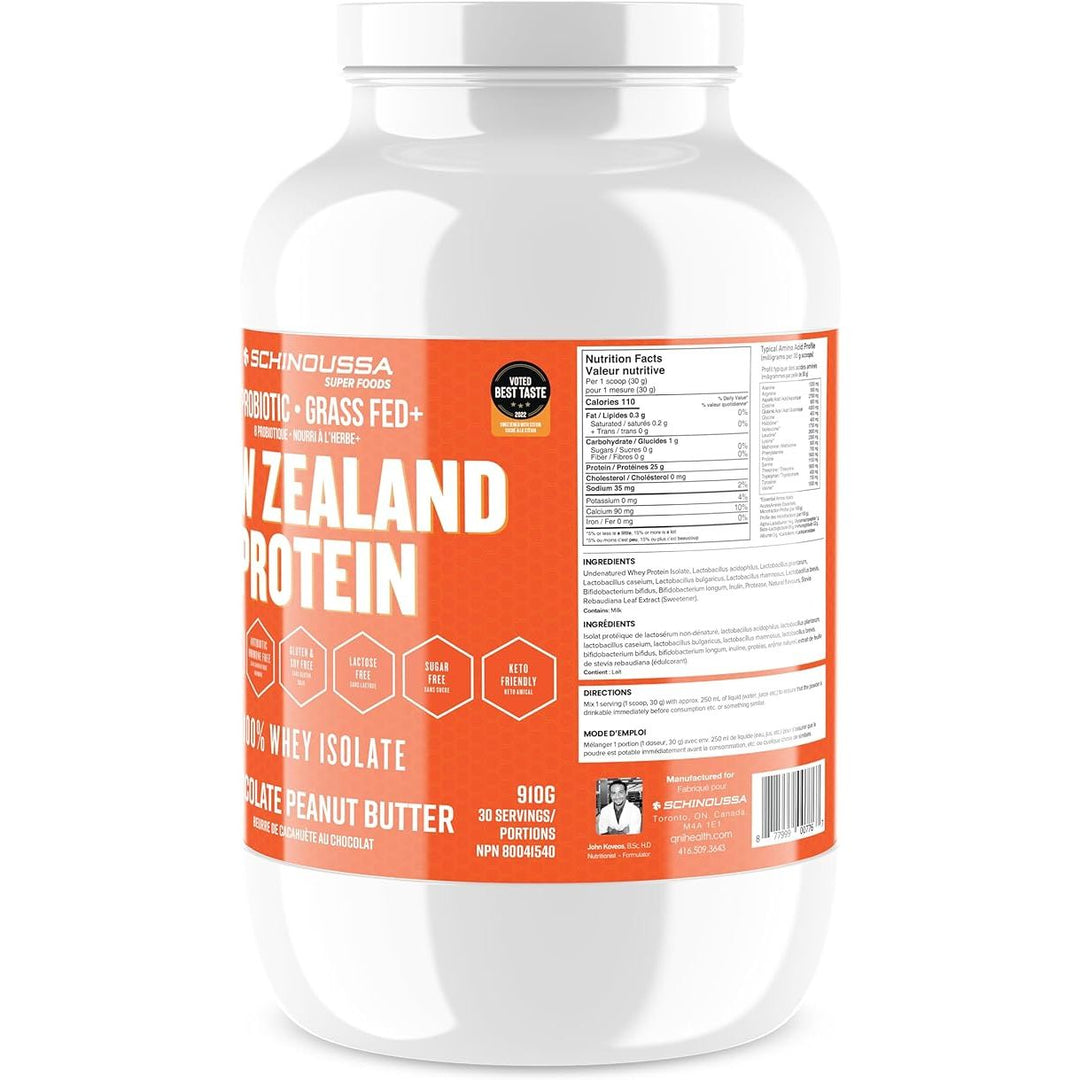Schinoussa Probiotic Grass Fed New Zealand Whey Protein Chocolate Peanut Butter - 910 g