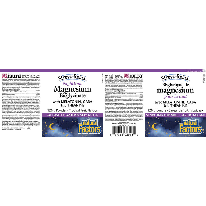 Natural Factors Stress-Relax Nighttime Magnesium Bysglycinate Tropical Fruit - 120g