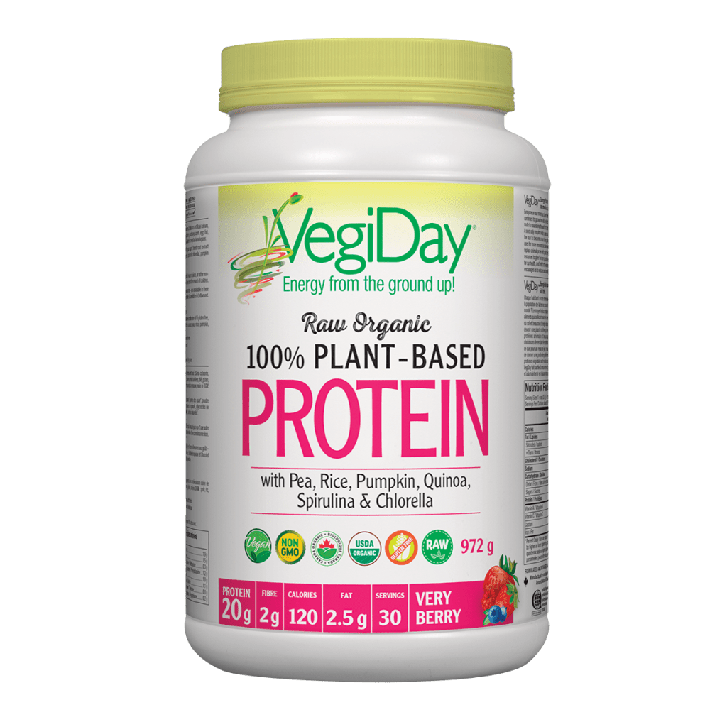 VegiDay Raw Organic 100% Plant-Based Protein wtih Pea, Rice, Pumpkin, Quinoa, Spirulina & Chlorella Very Berry Powder