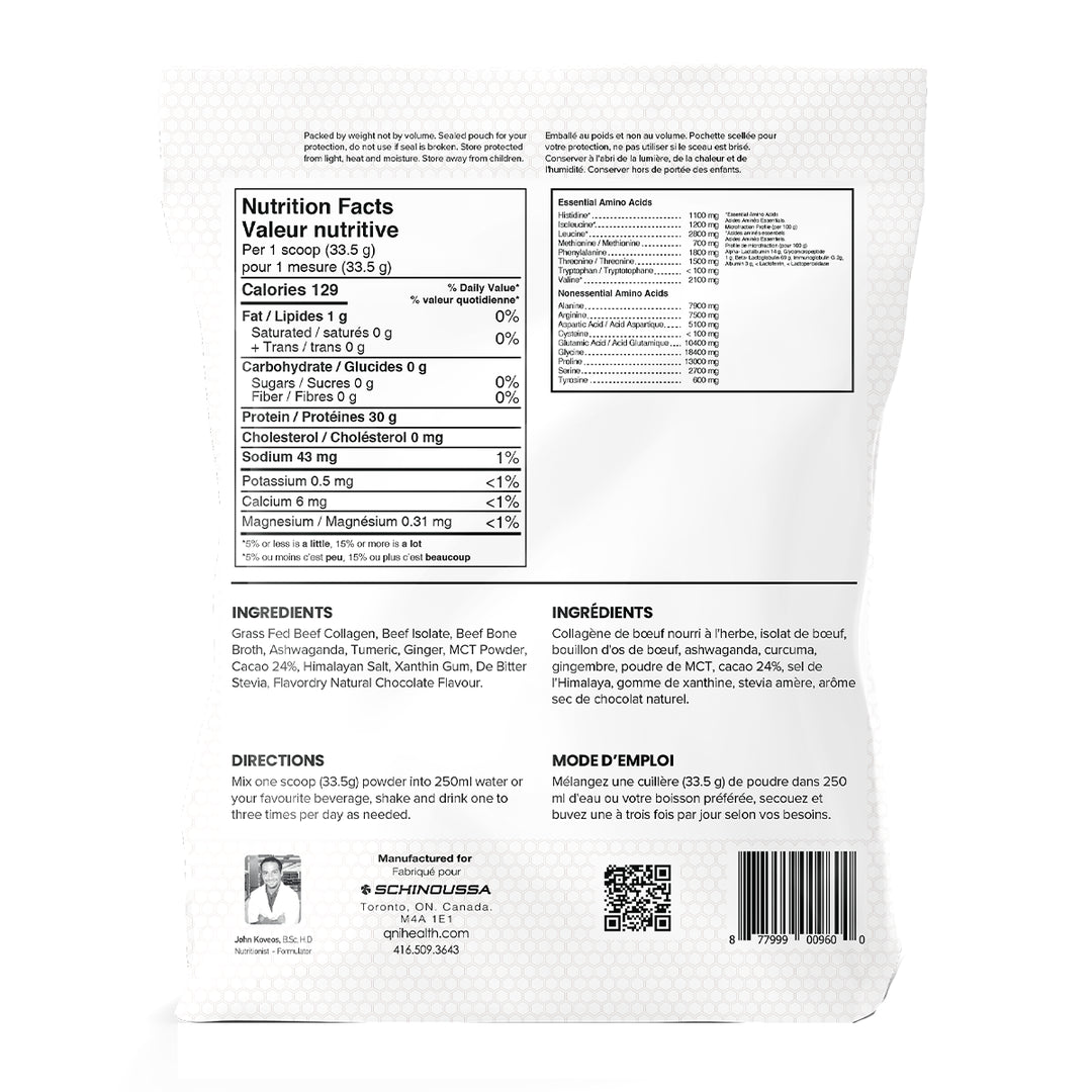Nutritional facts and ingredients label for Schinoussa NZ Grass-Fed Beef Protein Isolate Chocolate 910g tub, 30g protein per serving, Dairy-Free and Paleo friendly.