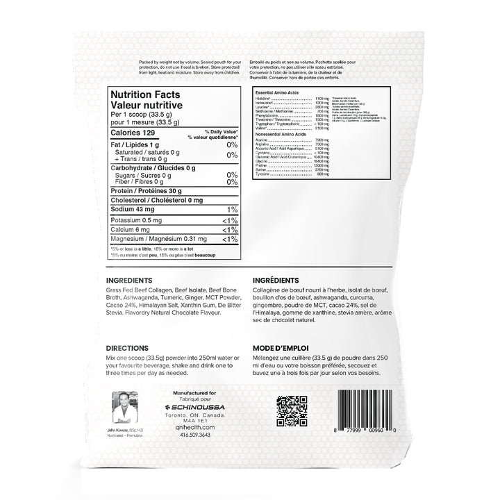 Nutritional facts and ingredients label for Schinoussa NZ Grass-Fed Beef Protein Isolate Chocolate 910g tub, 30g protein per serving, Dairy-Free and Paleo friendly.
